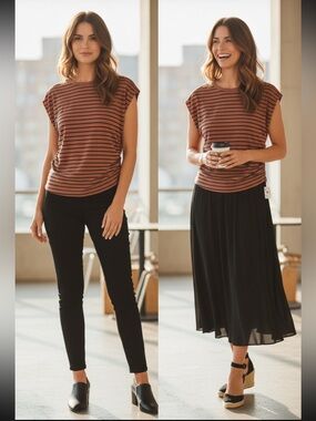Michael Stars Jori Striped Brown and Black Short Sleeve Tee